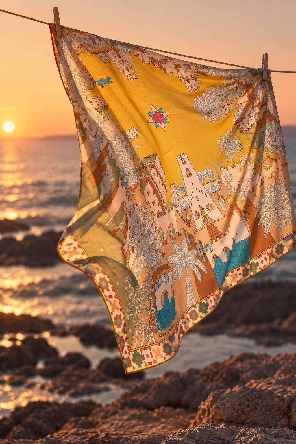 A yellow print scarf on a line at sunset over the sea