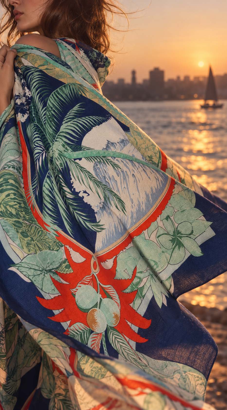 Palm Wave scarf blowing at sea, sunset